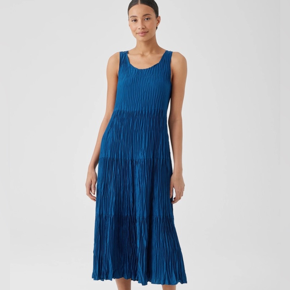 $378 Eileen Fisher Crushed Silk Tiered Dress Atlantis Indigo Royal Blue